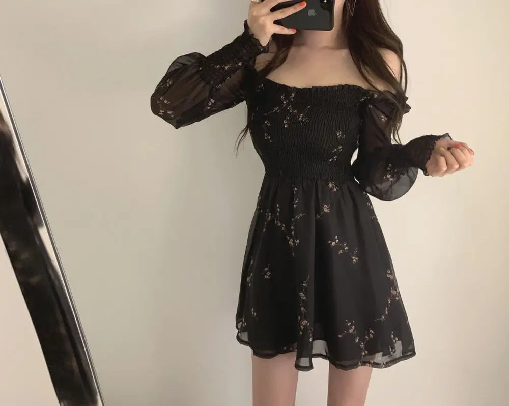 Spring Womens Sexy Black Dress Vintage Flower Long Puff Sleeve Chiffon Dresses Korean Casual Mini Vestidos Mujer Clothes 13676