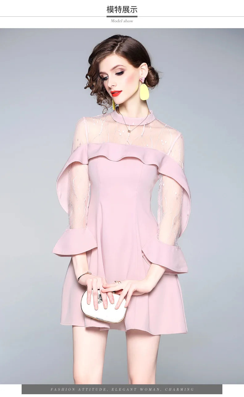 Spring and summer 2023 new women's mesh splicing Ruffle Dress celebrity perspective sheath dresses butterfly sleeve cloth
