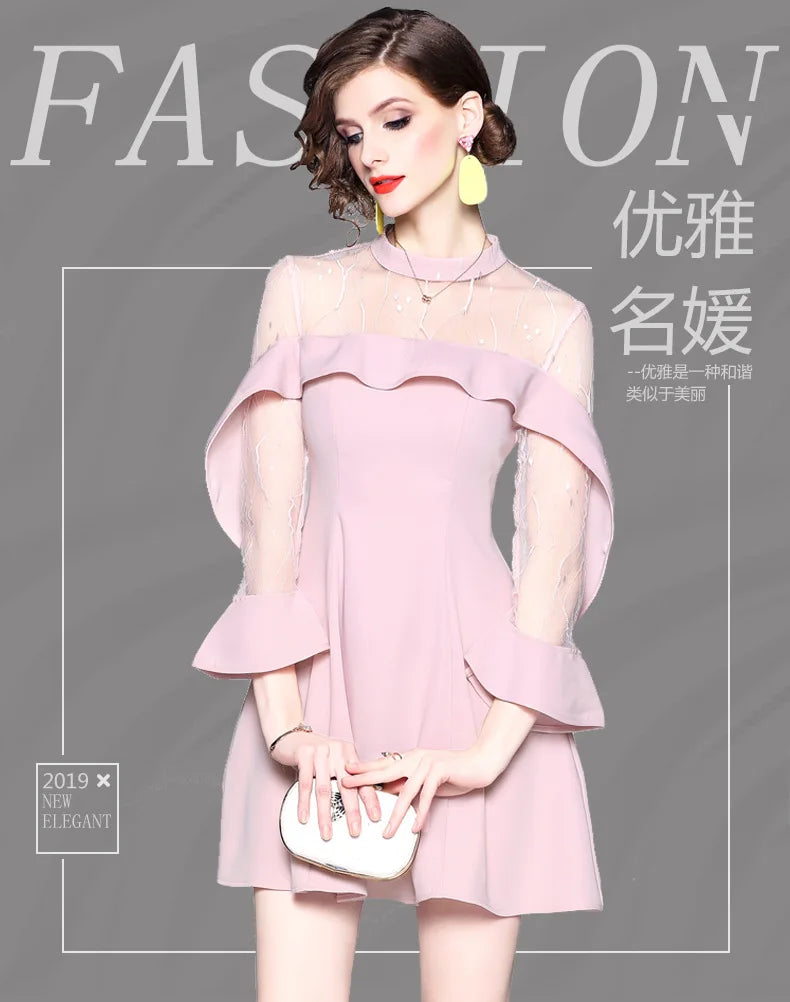 Spring and summer 2023 new women's mesh splicing Ruffle Dress celebrity perspective sheath dresses butterfly sleeve cloth