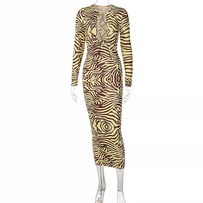 Shestyle Zebra Print Yellow Pencil Long Dresses Women V Neck Corss Hollow OUt Bandage Sexy Bodycon Party Wear Christmas Outfit