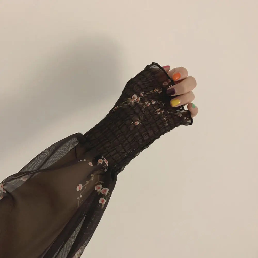 Spring Womens Sexy Black Dress Vintage Flower Long Puff Sleeve Chiffon Dresses Korean Casual Mini Vestidos Mujer Clothes 13676
