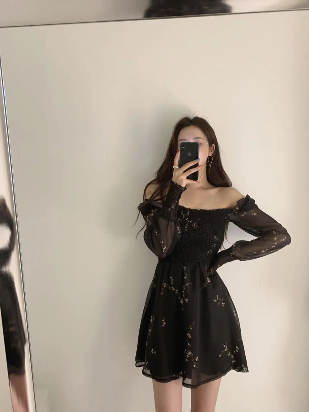 Spring Womens Sexy Black Dress Vintage Flower Long Puff Sleeve Chiffon Dresses Korean Casual Mini Vestidos Mujer Clothes 13676