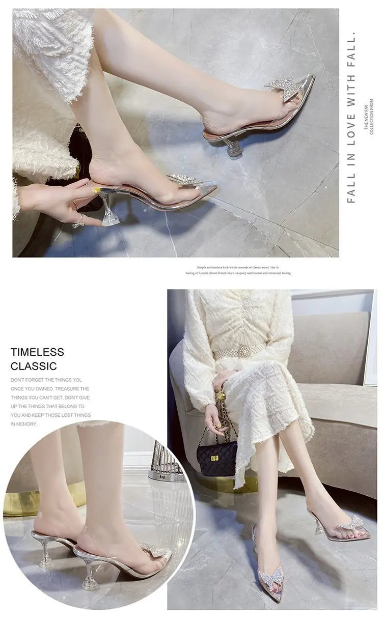 PVC Rhinestone Butterfly Women Sandals High Heels 2021 New Pointy Party Bride Shoes Clear Deisgner Pumps Zapatilla Mujer