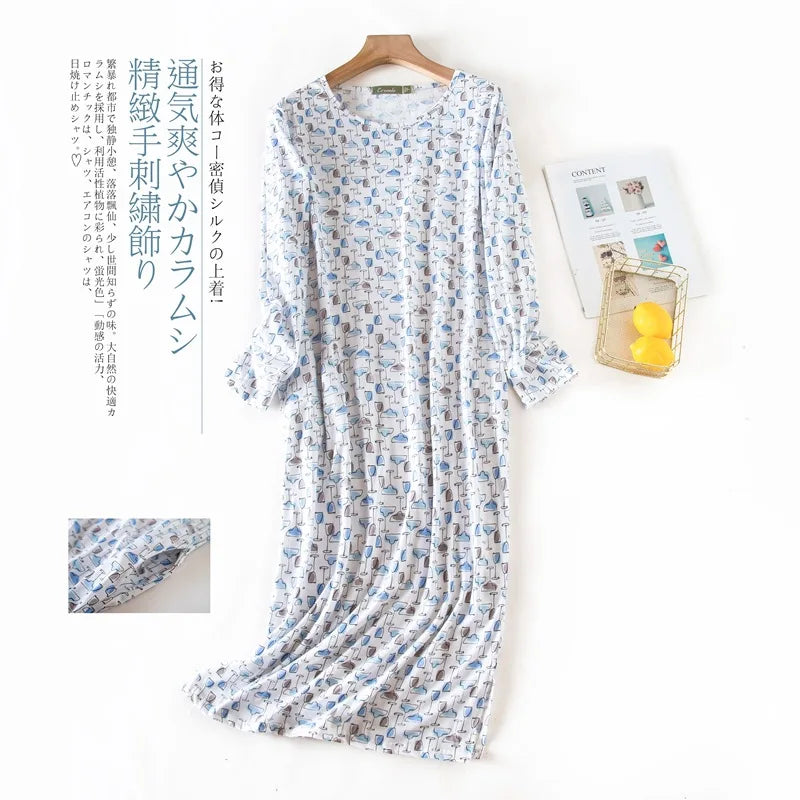 Spring Autumn Female Casual Loose Cartoon Night Dress Ladies 100% Cotton Nightgown Women Long Sleeve Sleepshirts Home Dress