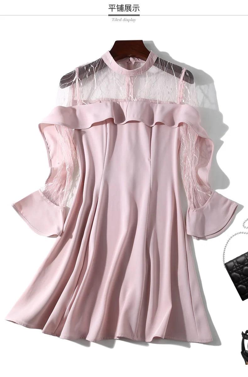 Spring and summer 2023 new women's mesh splicing Ruffle Dress celebrity perspective sheath dresses butterfly sleeve cloth