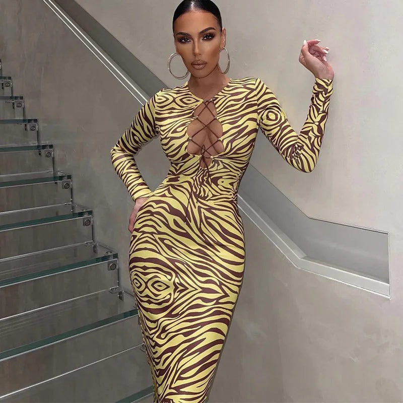 Shestyle Zebra Print Yellow Pencil Long Dresses Women V Neck Corss Hollow OUt Bandage Sexy Bodycon Party Wear Christmas Outfit