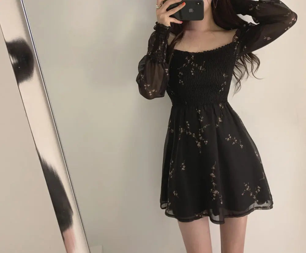 Spring Womens Sexy Black Dress Vintage Flower Long Puff Sleeve Chiffon Dresses Korean Casual Mini Vestidos Mujer Clothes 13676