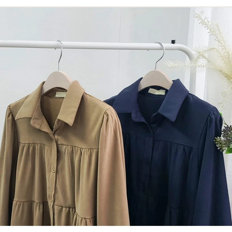 2025 Spring Women Casual Shirt Dresses Loose Office Lady Work Vestidos Soild Color Plus Size 4XL Female Pleated Dress Robe KE211