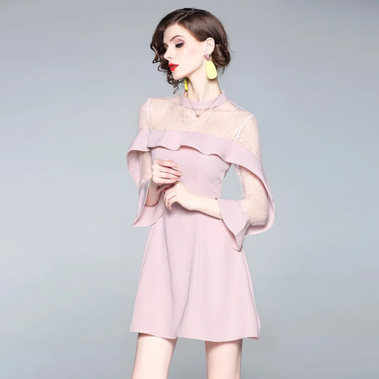 Spring and summer 2023 new women's mesh splicing Ruffle Dress celebrity perspective sheath dresses butterfly sleeve cloth
