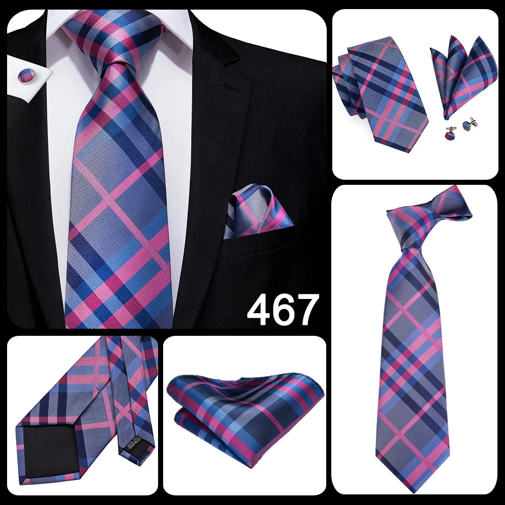 Hi-Tie Designer Silk Wedding Tie For Men Blue White Plaid Handky Cufflink Set Fashion Necktie For Men Business Party Wholesale