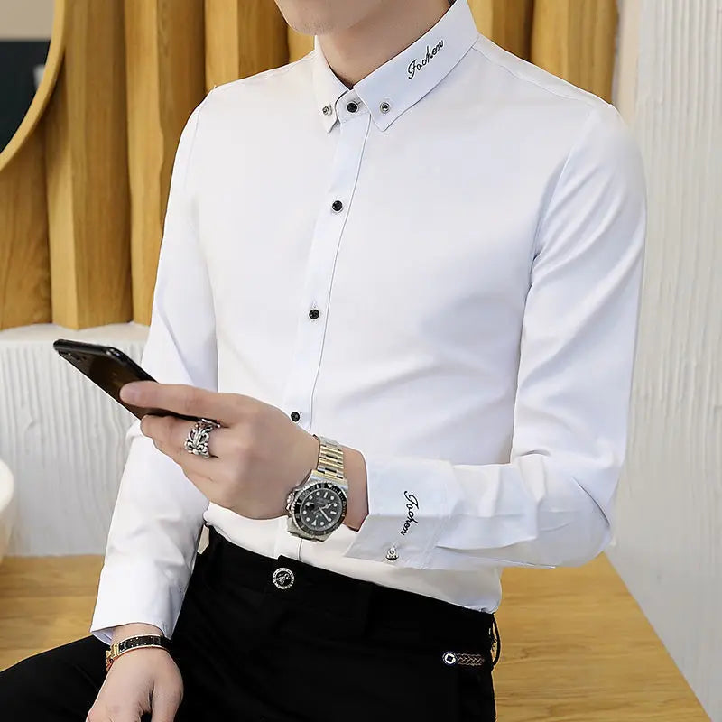 Mens Dress Shirts Spring and Autumn High Quality Long Sleeve Shirt Male Korean Slim Fit Business White Collared Shirt Oversized