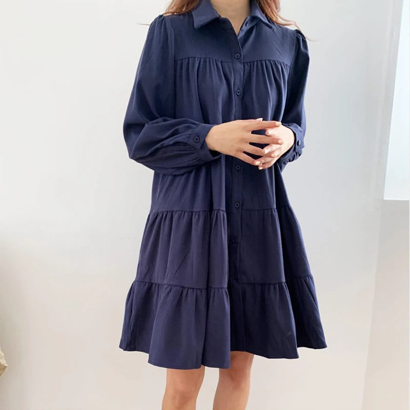 2025 Spring Women Casual Shirt Dresses Loose Office Lady Work Vestidos Soild Color Plus Size 4XL Female Pleated Dress Robe KE211