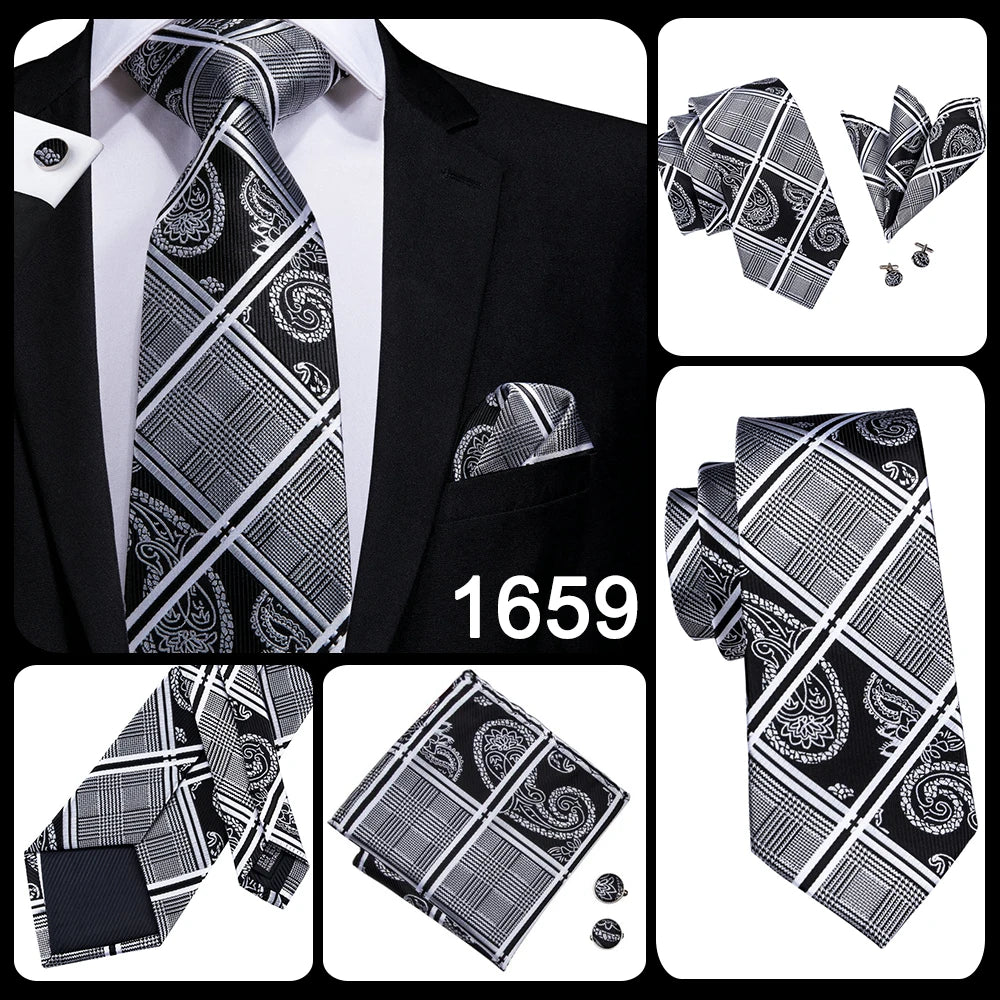 Hi-Tie Designer Silk Wedding Tie For Men Blue White Plaid Handky Cufflink Set Fashion Necktie For Men Business Party Wholesale