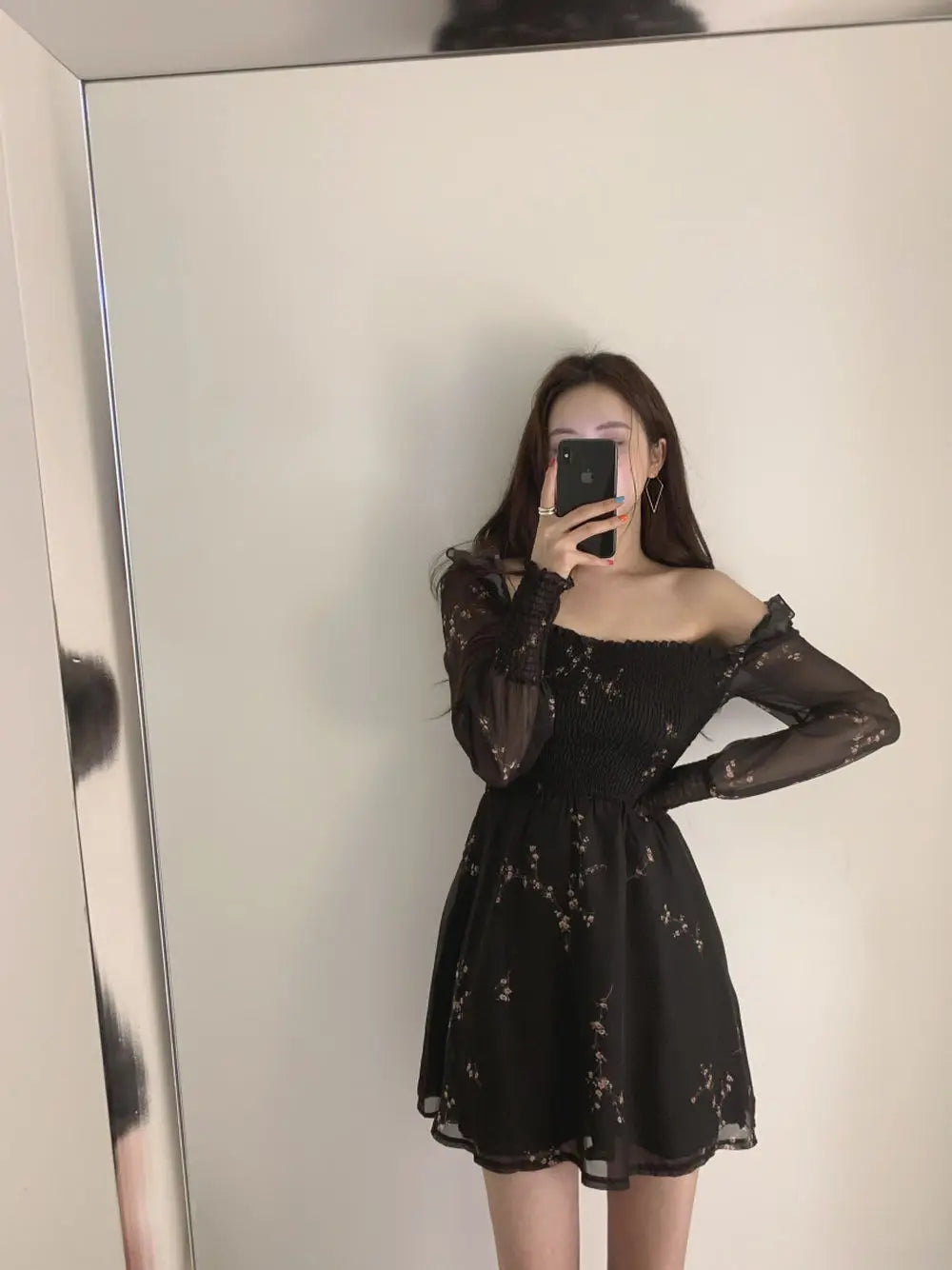 Spring Womens Sexy Black Dress Vintage Flower Long Puff Sleeve Chiffon Dresses Korean Casual Mini Vestidos Mujer Clothes 13676