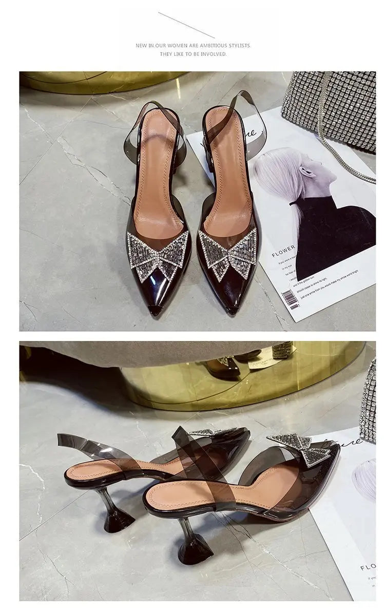 PVC Rhinestone Butterfly Women Sandals High Heels 2021 New Pointy Party Bride Shoes Clear Deisgner Pumps Zapatilla Mujer