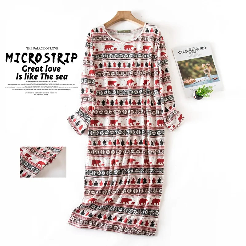 Spring Autumn Female Casual Loose Cartoon Night Dress Ladies 100% Cotton Nightgown Women Long Sleeve Sleepshirts Home Dress