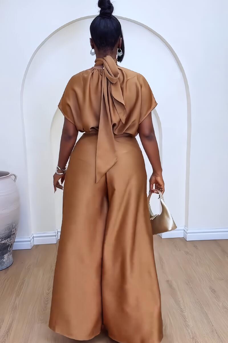 CM.YAYA Women's Set satin Short Sleeve Turtleneck Shirt+wide Leg Pants 2024 Fall Streetwear OL Two 2Piece Sets Outfits Tracksuit