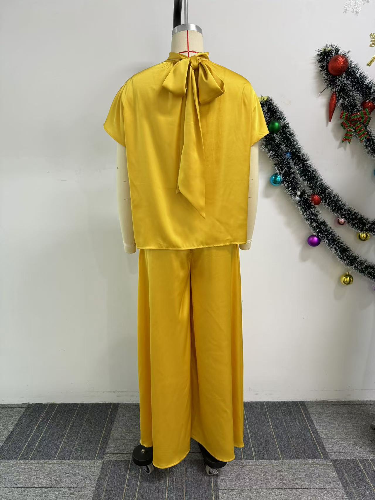 CM.YAYA Women's Set satin Short Sleeve Turtleneck Shirt+wide Leg Pants 2024 Fall Streetwear OL Two 2Piece Sets Outfits Tracksuit