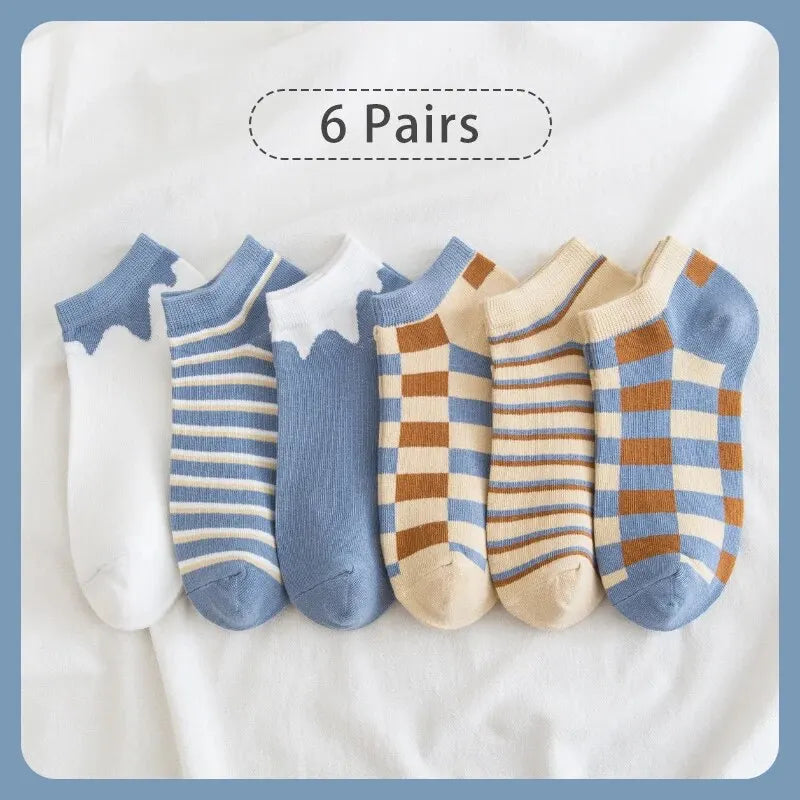 6 Pairs of Women's Spring and Summer Four Season Striped Plaid Fashion Trend Simple and Comfortable Sports Style Socks