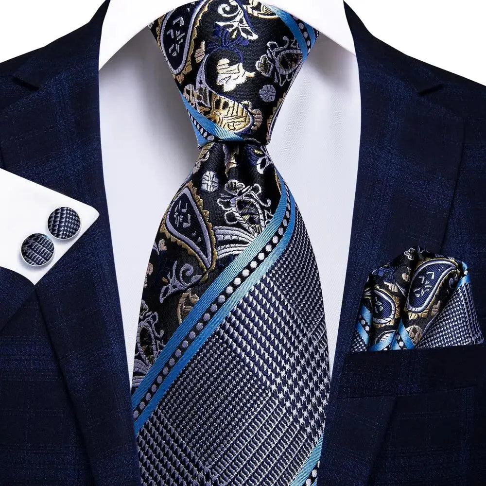 Hi-Tie Peacock Blue Novelty Designer Silk Wedding Tie For Men Hanky Cufflinks Gift Mens Fashion Necktie Set Business Party