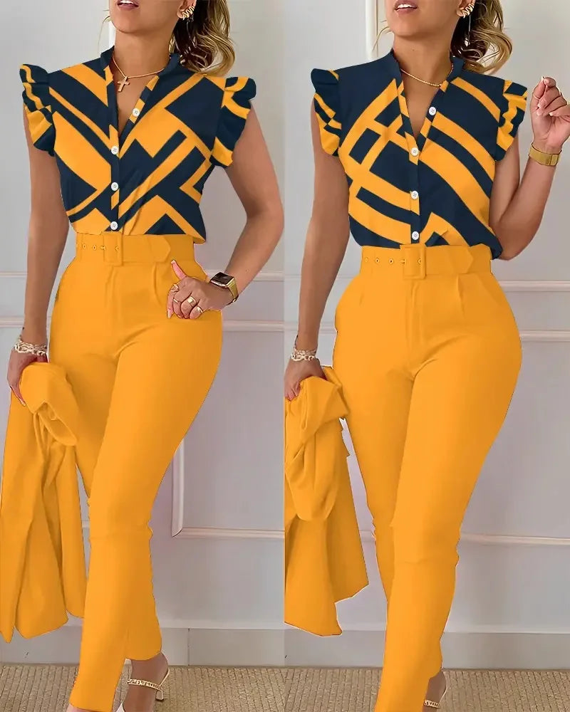 Elegant Women Printed Two Piece Suit Sets Spring Autumn V Neck Short Sleeve Shirt Top & Long Pants Set With Belt Workwear Outfit