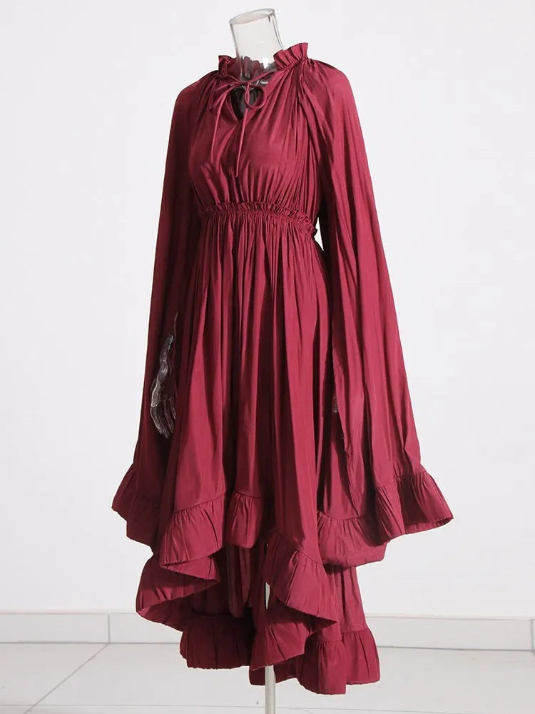 TWOTWINSTYLE Elegant Solid Dresses For Women V Neck Cloak Sleeves High Waist Spliced Lace Up Ruffles Pleated Dress Female Summer