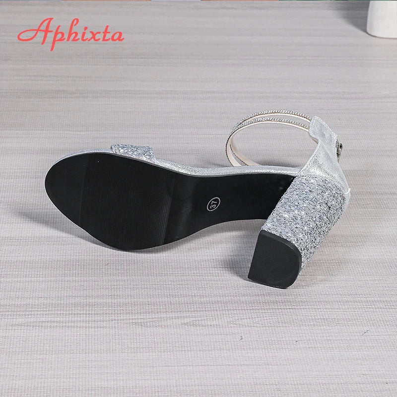 Aphixta Crystal Peep Toe Summer Sandal Luxury 10cm Square Heel Sandals Bling Silver High Heels Party Woman Shoes Pimp Size 43