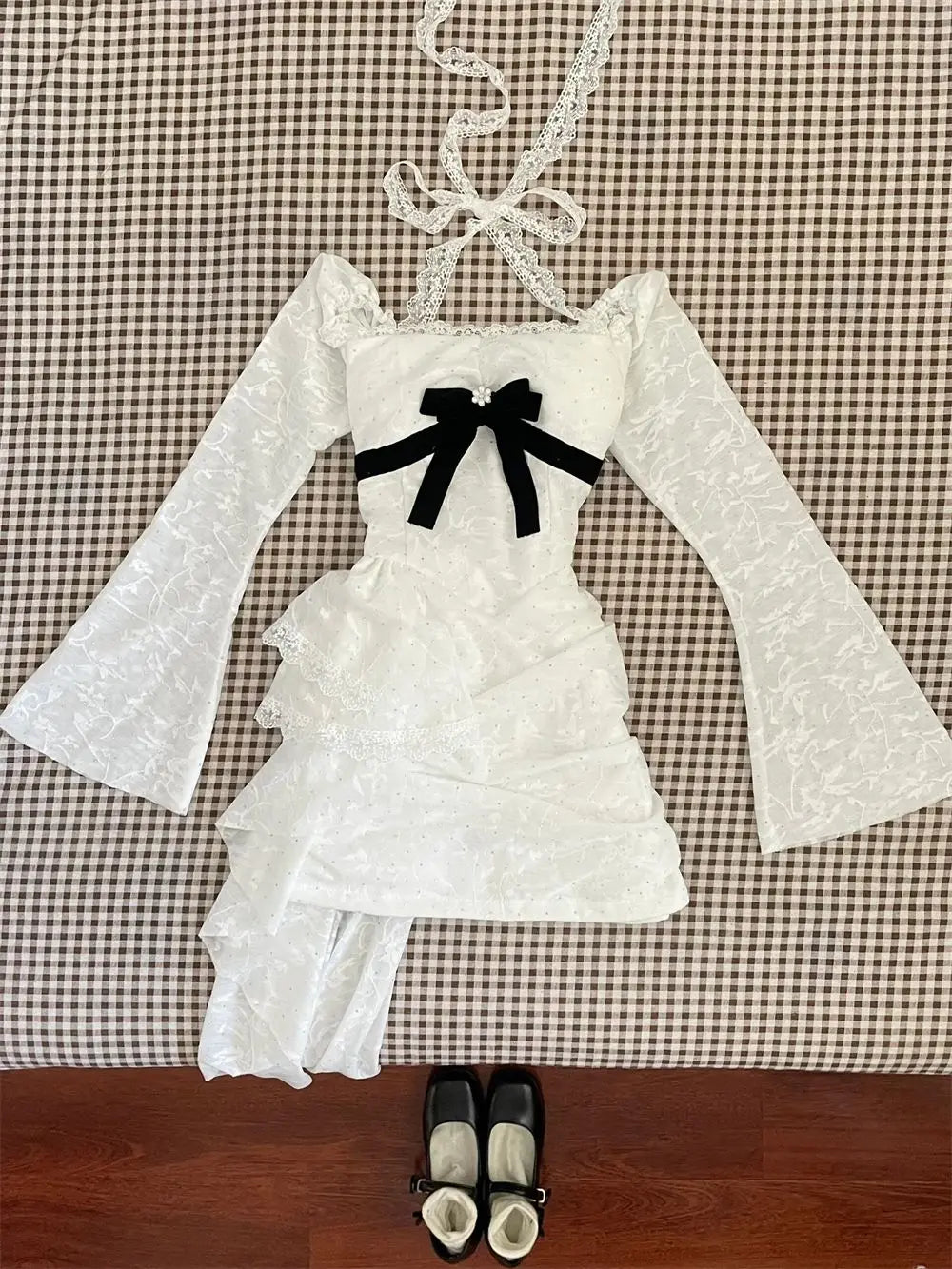 Spring Elegant Women Dress Vintage Style Long Sleeve Bow Detail Slim Fit Flared Hem Comfortable Party Dress Casual Dress 2025