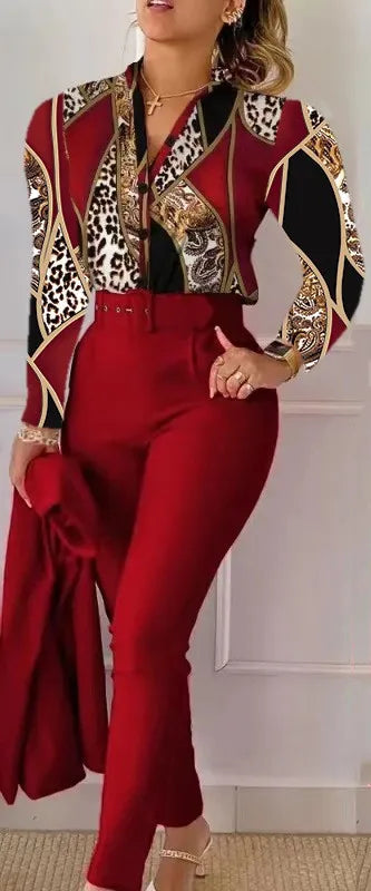 Women's Elegant Autumn/Winter Printed V-Neck Long Sleeve Button Shirt Top Fashion Solid Color Long Pants 2 Piece Set With Belt