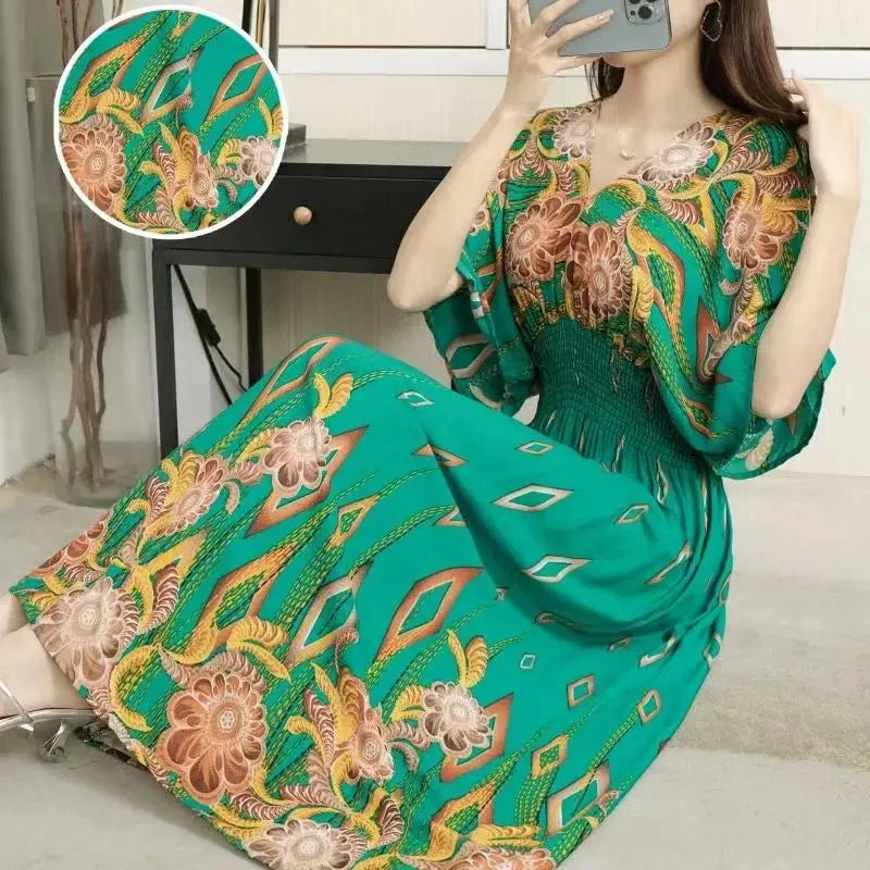 Spring New In Women's Dress V-Neck Short Sleeve Dress Elegant Sweet Print Dress Casual Retro Boho Elastic Waist A-Line Dress