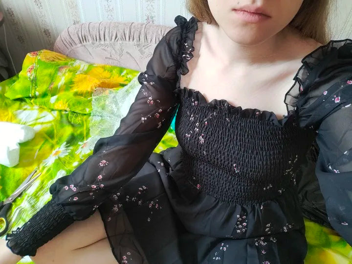 Spring Womens Sexy Black Dress Vintage Flower Long Puff Sleeve Chiffon Dresses Korean Casual Mini Vestidos Mujer Clothes 13676