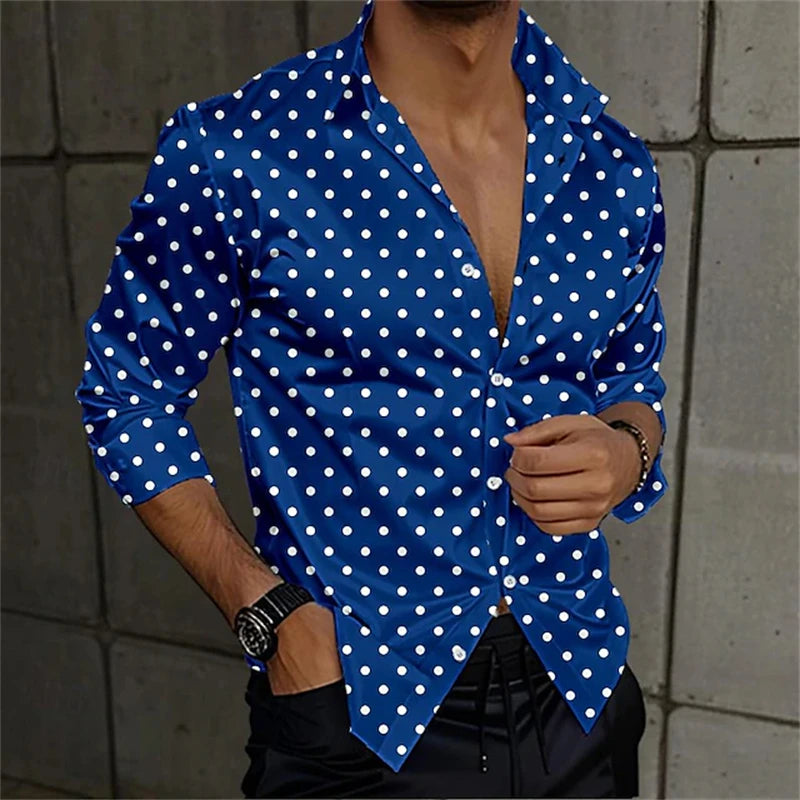 2024 Fashion Men's Elegant Shirt Spotted 3D Printed Lapel Button Up Classic Long Sleeve Shirt Temperament Men's Partywear
