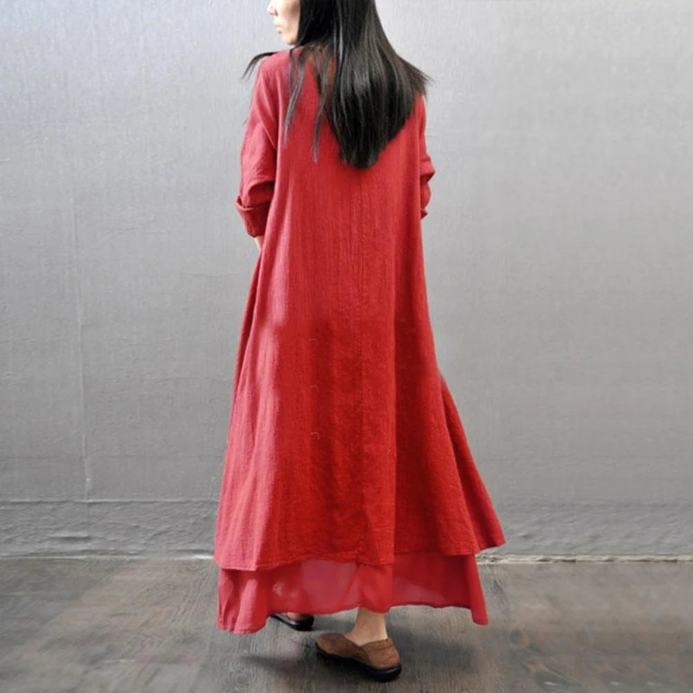Anself Spring Fashion Women Casual Loose Dress Solid Color Long Sleeve Oversized Ladies Dresses Plus Size Boho Long Maxi Dress