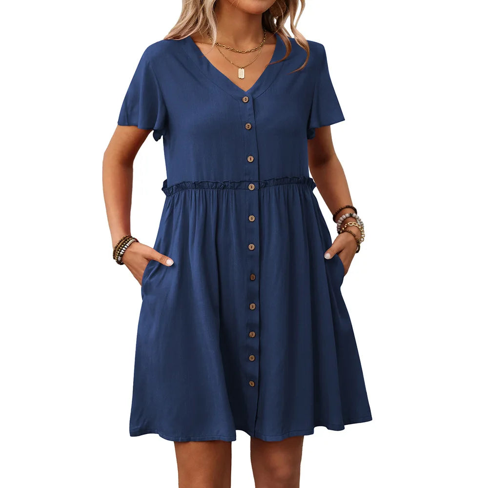 Spring Summer Button Down Dress Flutter Sleeve Cotton Linen A Line Dress With Pockets Beach Summer Knee Length Dresses For Women