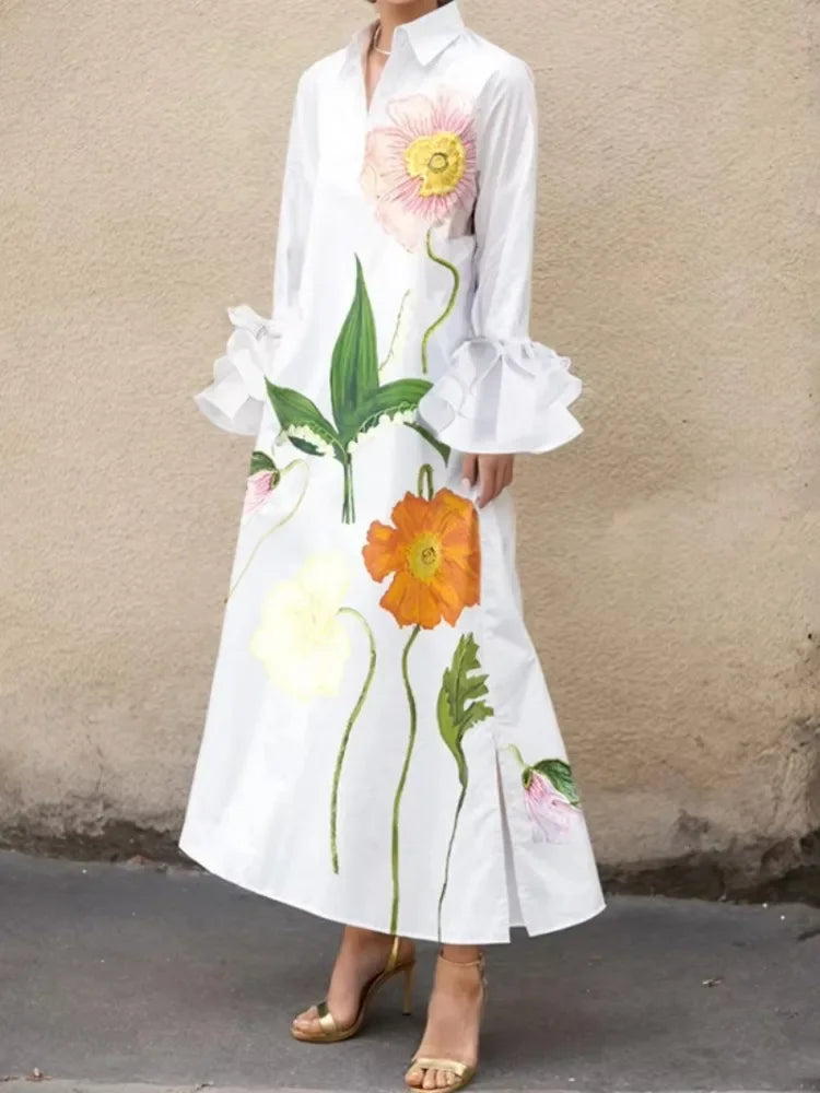Womens Flower Printed Shirts Dress Elengant 2025 Fall Summer Spring Party Prom Wedding White Dresses Clothing for Woman