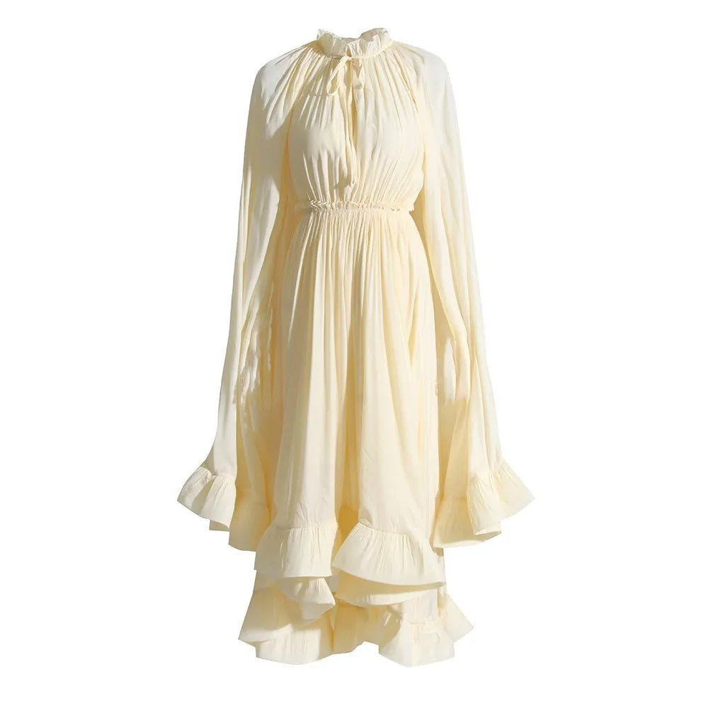 TWOTWINSTYLE Elegant Solid Dresses For Women V Neck Cloak Sleeves High Waist Spliced Lace Up Ruffles Pleated Dress Female Summer