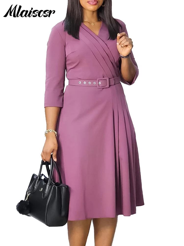 Mlaiscsr Evening Gowns Dresses with Belt Women Clothing V Neck 3/4 Sleeves A Line Pleataed Dress Occasion Elegant Office Outfits