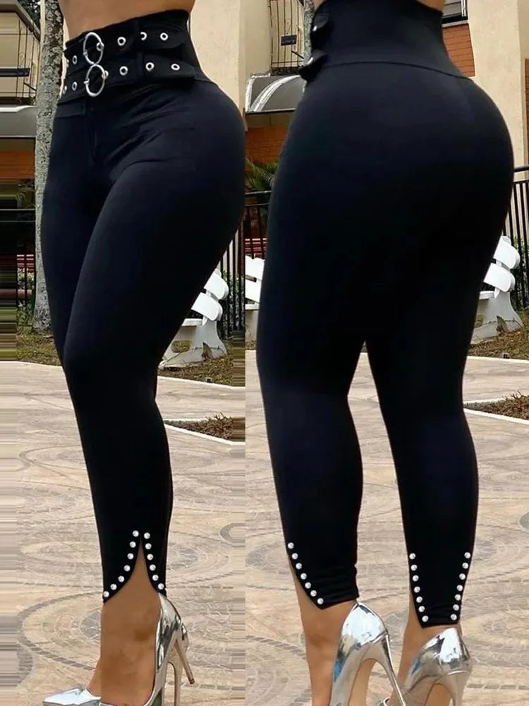 2024 Spring Summer New Women's Slit Trousers Cannon Beads High Waist Metal Sheet Skinny Pants
