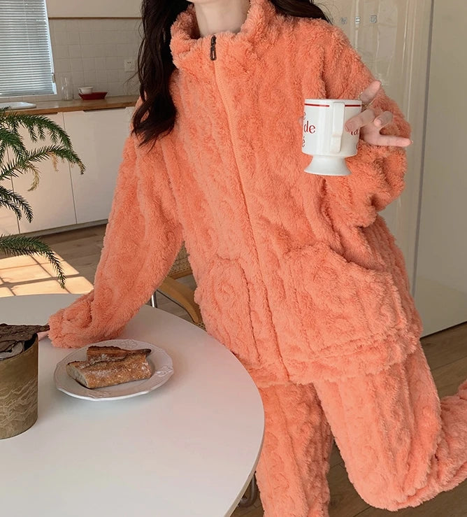 Thickened Warm 2Pcs Pajamas Set Jacquard Textured Stand Collar Zip Up Fuzzy Teddy Top & Pants Set Striped Nightwear Loungewear