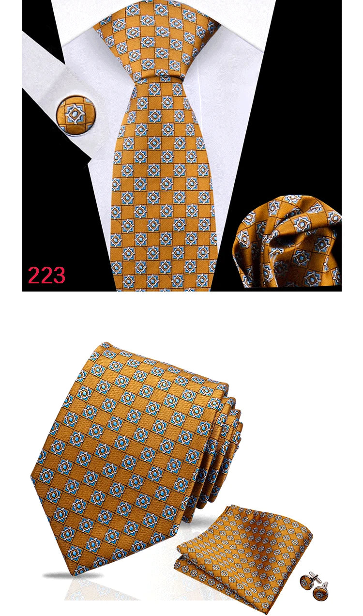 Luxury Plaid Tie For Mens Necktie Handkerchief Pocket Square Cufflinks Set Jacquard Woven Ties Wedding Business Accessories