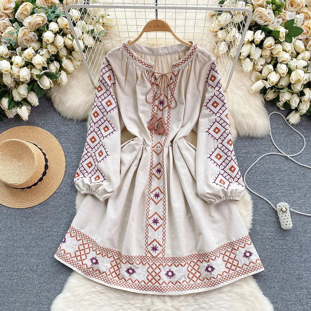 Women's Spring Dress Bohemian Retro Ethnic Style Diamond Cotton Linen Blend Embroidered Lantern Sleeves Mini Dress DS003