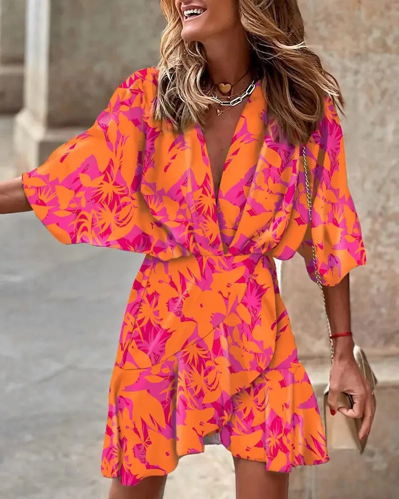spring Irregular Mini Dress For Women Fashion Print Casual Bohemia Style Vacation Sundress Women's Bat Sleeve Ruffles Dresses