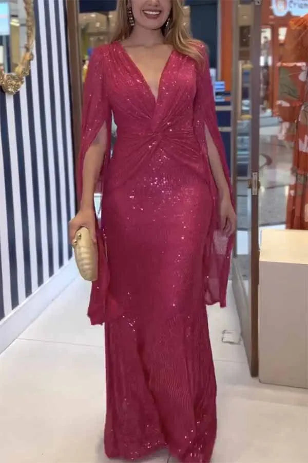 Autumn Winter Luxurious Sexy Sequins Cocktail Party Dress Prom Gown Cloak Sleeve V Neck Folds Corset Evening Floor Length Dress