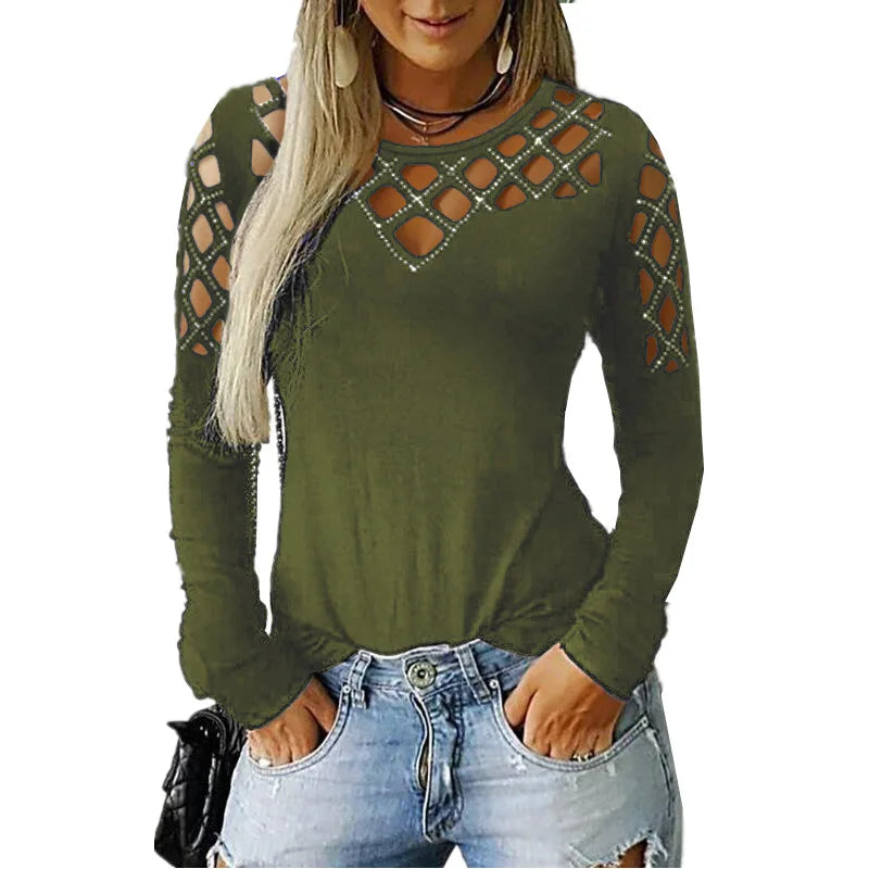Autumn Winter New Women's Fashion Solid Color Hollow Diamond Splicing Long Sleeve T-shirt Casual Comfortable Top For Women