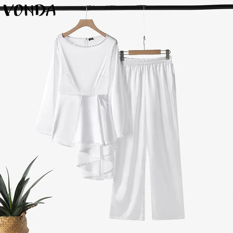 Plus Size VONDA 2024 Women Ruffled Sets Fashion Solid Color Suits Long Sleeve Irregular Top Patchwork Fitting Outfits 2pcs
