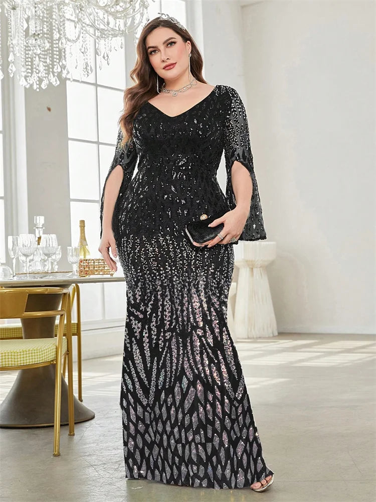 Plus Size Elegant Sequin Black Evening Dress 2025 Women Formal Maxi Prom Long Sleeves Party Luxury Cocktail Bridesmaid Gowns