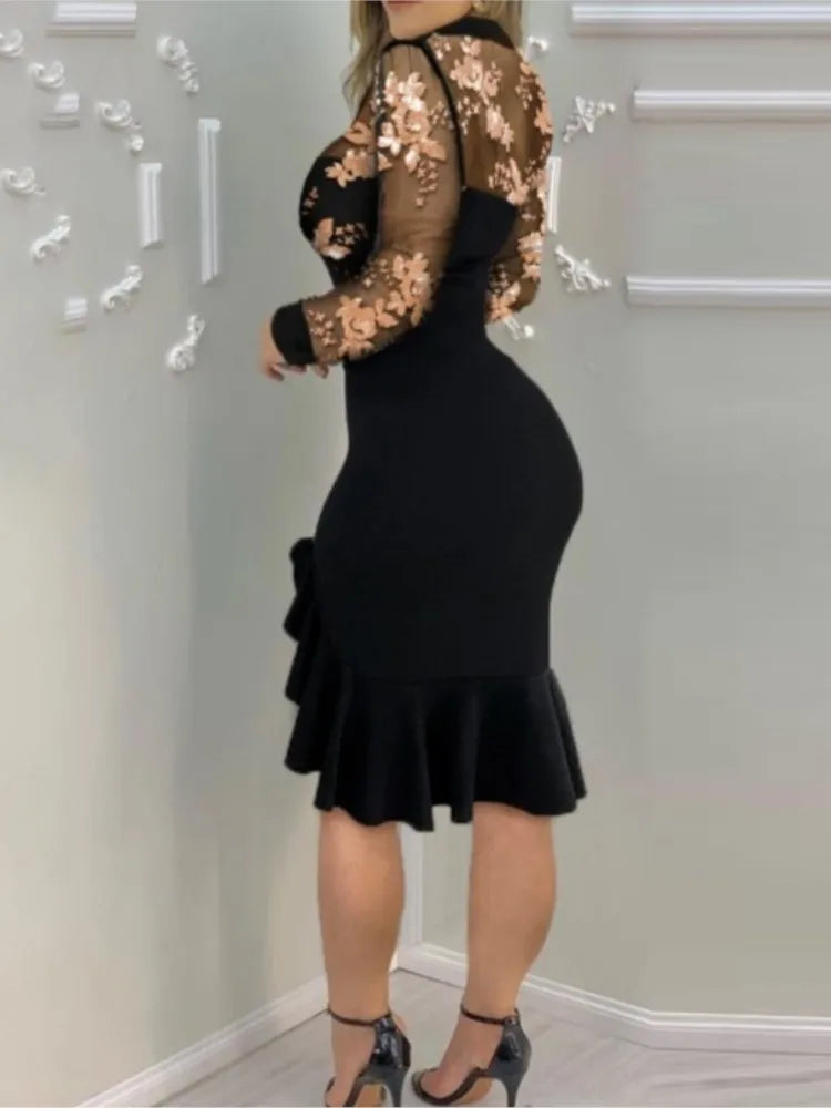 Spring Summer Sexy Mesh Ruffle Dress 2024 Wome Long Sleeve Irregularity Midi Dress Fashion Print Elegant Party Dresses