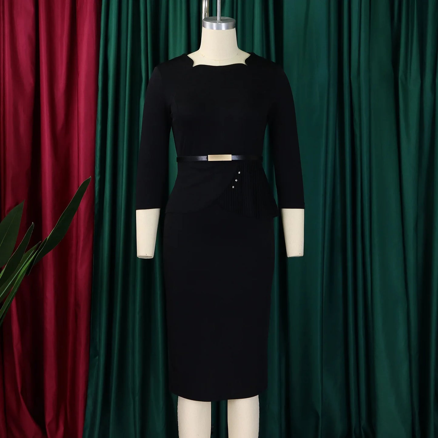 L-3XL Plus Size Elegant Midi Dress 2025 Spring Summer Women Office Lady Dress Casual 3/4 Sleeve Bandage Robe Oversize Dress