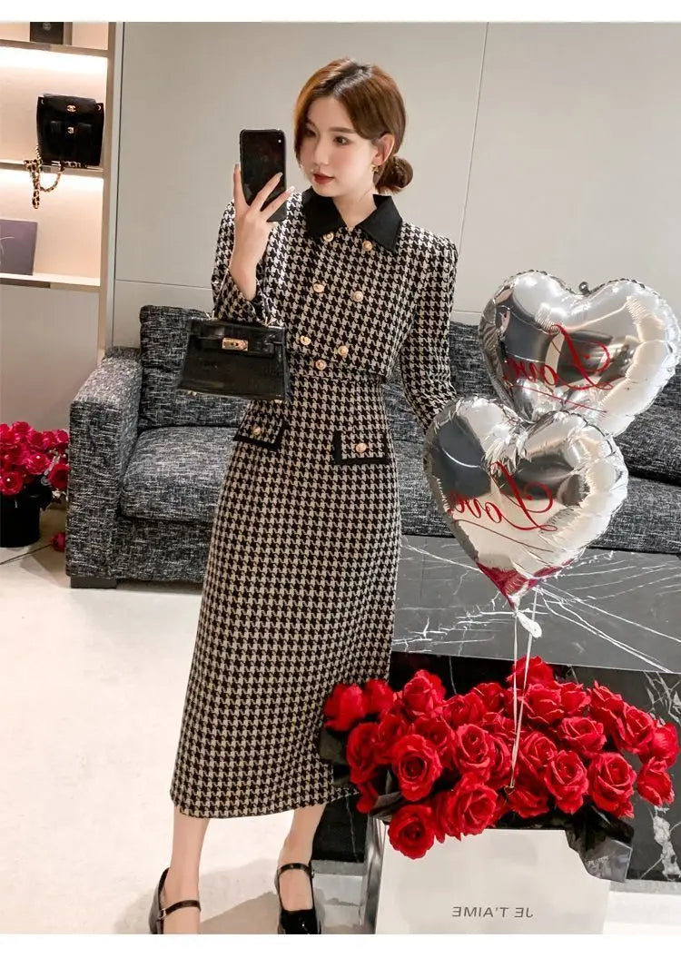 Spring Autumn New Dress Set Women Turn-down Collar Long Sleeve Button Patchwork Cardigan Elegant Slim All-match Slip Dresses