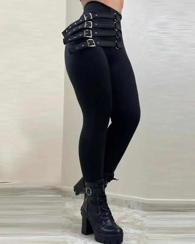 Black Buckle Cool Sasa Style Elastic High Waisted Women's Casual Tight Pants 2025 Summer New Solid Color Cropped Pants